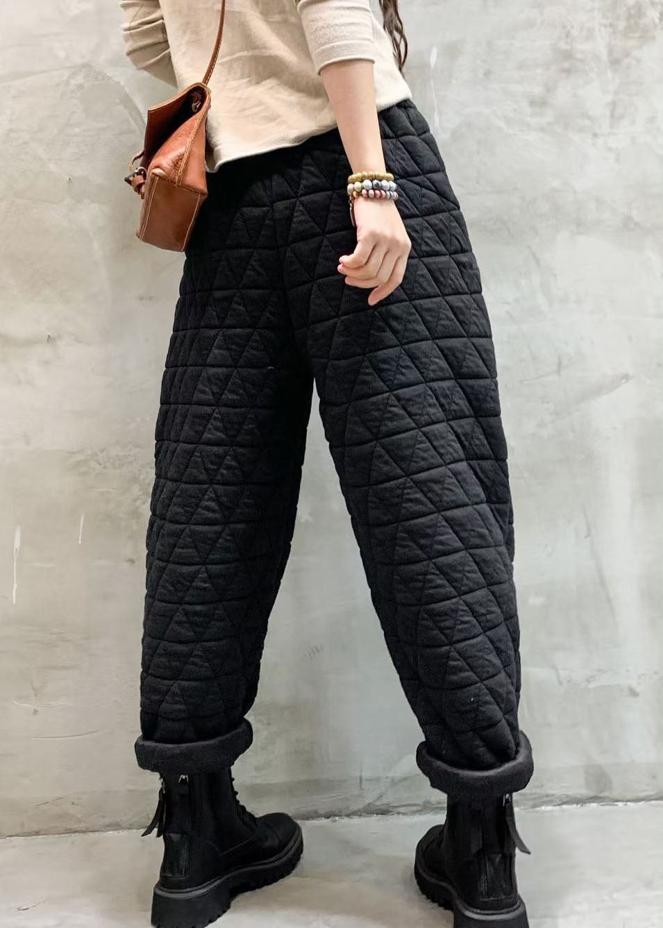 Organic Black Elastic Waist Thick Pockets Winter Pants