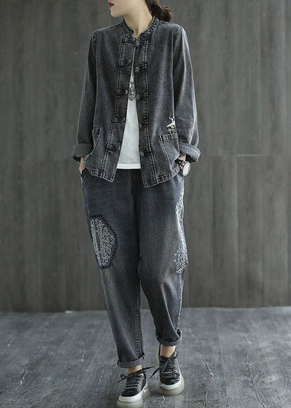 Organic Black Embroideried Patchwork Chinese Button Denim Coats Spring
