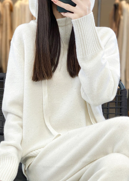 Organic Black Hooded Sweaters and Pants Woolen Two Pieces Set Spring