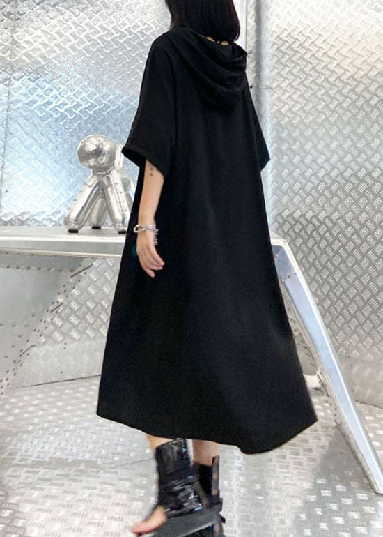 Organic Black Hooded Drawstring Low High Design Print Sweatshirts Dress Spring