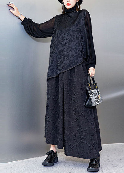Organic Black Jacquard Asymmetrical Tops Loose Vest a Line Skirt Three Piece Outfit Spring