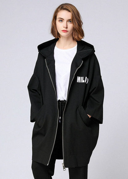 Organic Black Letter Zippered Hooded Pockets Fall Long Coat