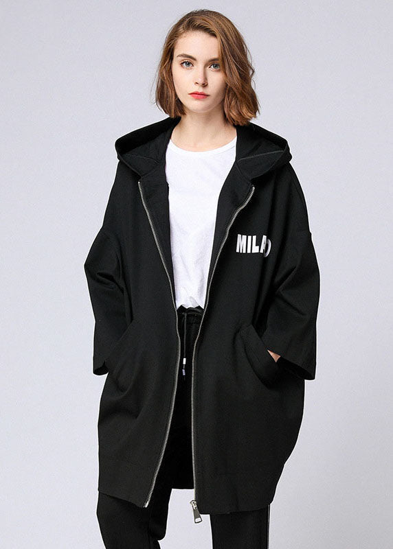 Organic Black Letter Zippered Hooded Pockets Fall Long Coat