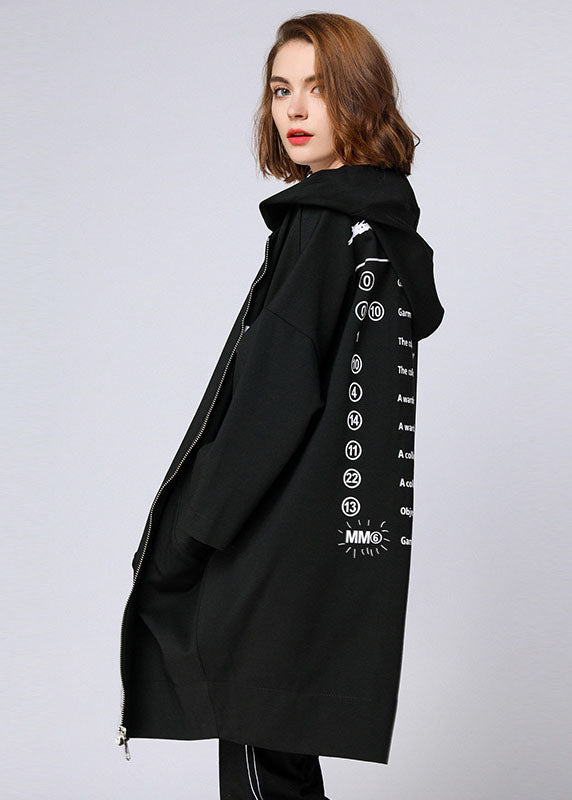 Organic Black Letter Zippered Hooded Pockets Fall Long Coat