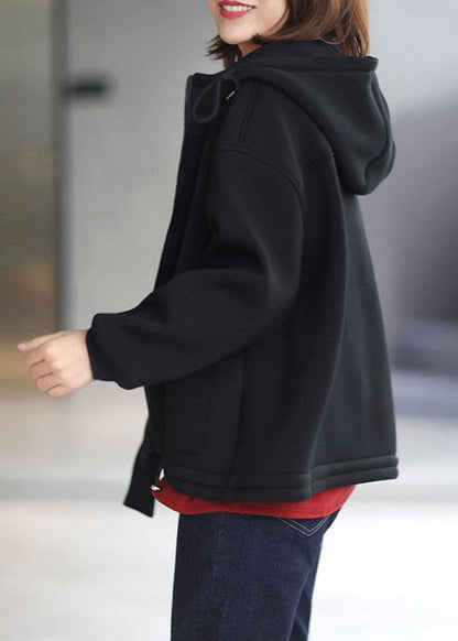 Organic Black Loose Zippered Pockets Fall Hoodie Coat Long Sleeve