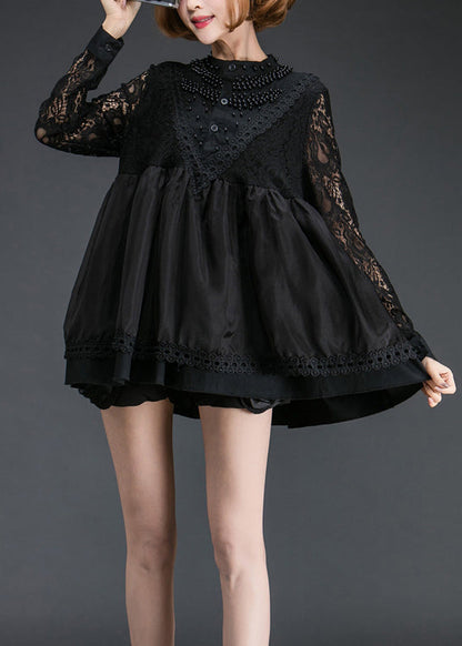 Organic Black Nail Bead Patchwork Lace Shift Dress Spring