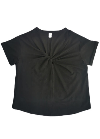 Organic Black O-neck Bow Cotton Tops Short Sleeve