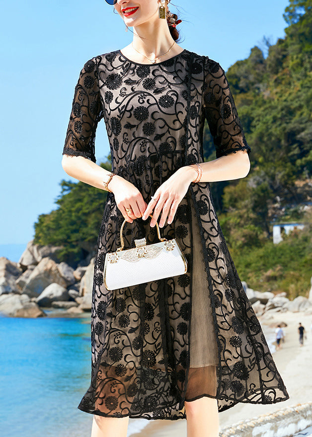 Organic Black O-neck Embroideried Side Open Silk Dinner Dress Short Sleeve