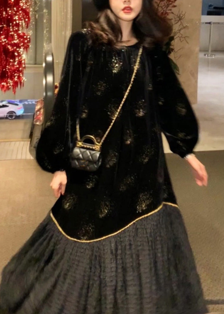Organic Black O-neck Patchwork Sequins Silk Velvet Maxi Dress Spring
