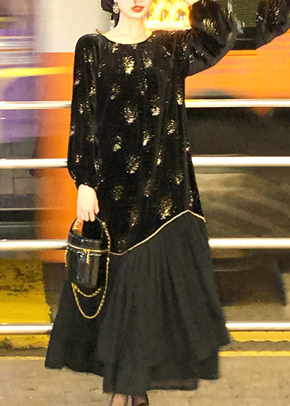 Organic Black O-neck Patchwork Sequins Silk Velvet Maxi Dress Spring