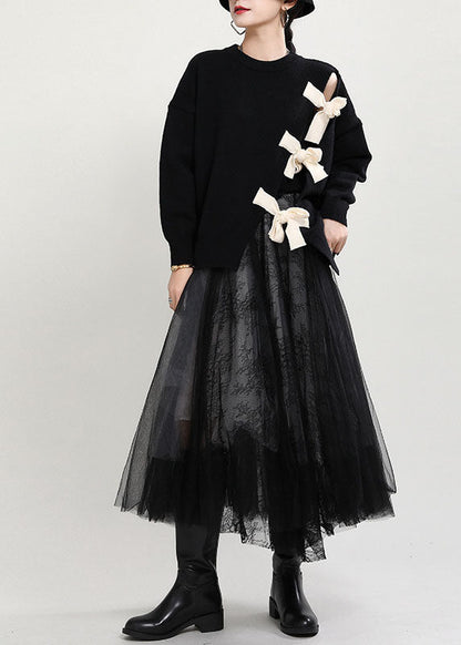 Organic Black O-neck Patchwork Asymmetrical Design Fall Knit Knitted Sweaters