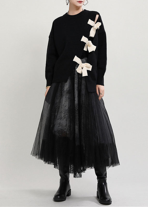 Organic Black O-neck Patchwork Asymmetrical Design Fall Knit Knitted Sweaters