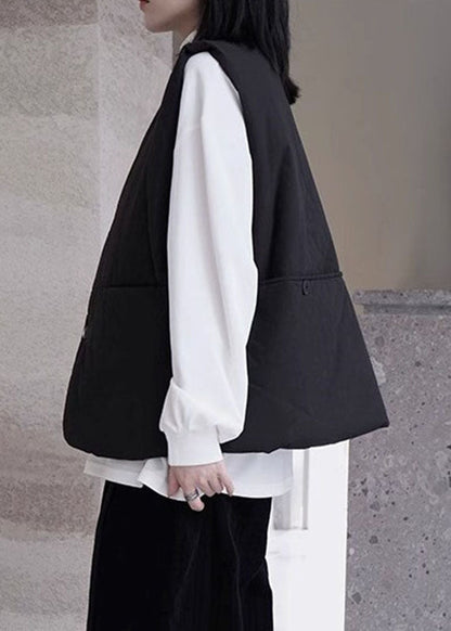 Organic Black O-neck Pockets Button Thick Warm Waistcoat Winter
