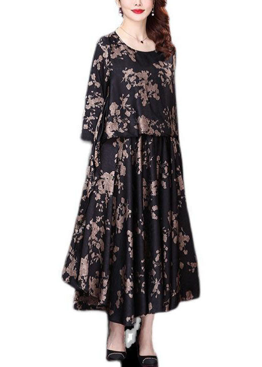 Organic Black O Neck Print Asymmetrical Design Silk Dress Summer