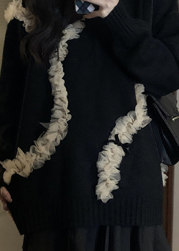 Organic Black O-neck Tulle Patchwork Thick Knit Sweaters Fall