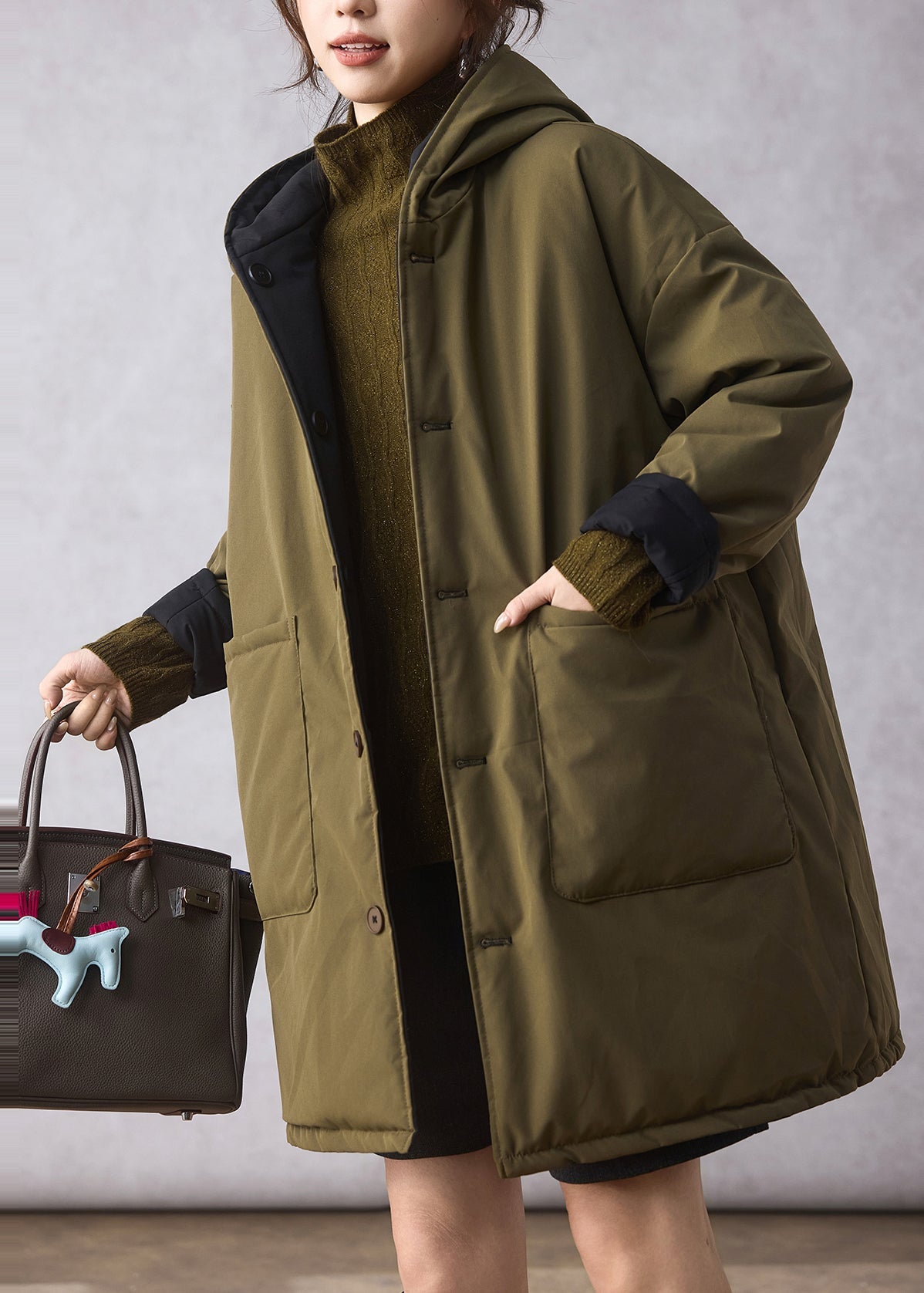 Organic Black Oversized Wear on Both Sides Fine Cotton Filled Hoodie Coat Winter