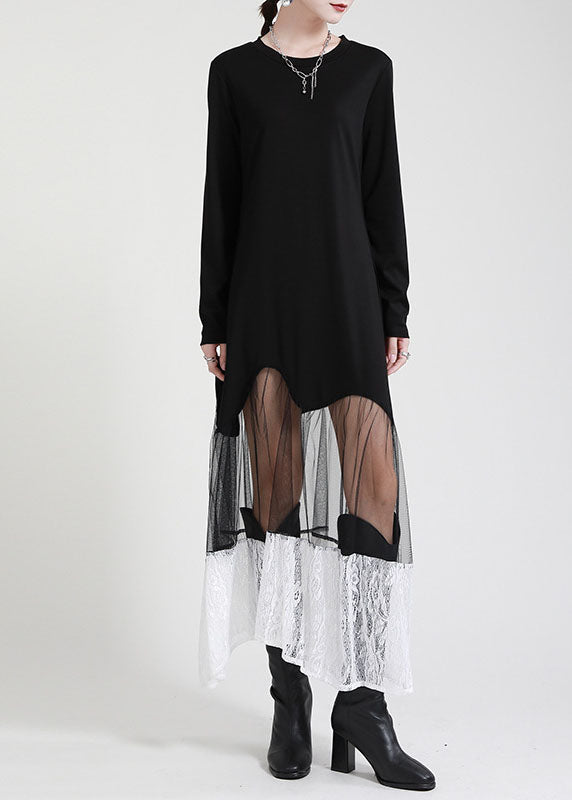 Organic Black Patchwork Lace Tulle Asymmetrical Design Fall Maxi Dress Long Sleeve