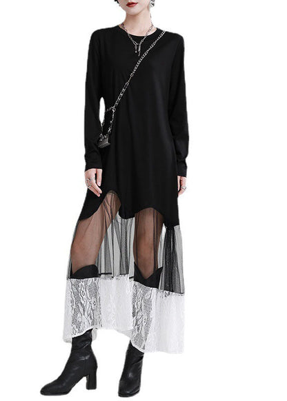 Organic Black Patchwork Lace Tulle Asymmetrical Design Fall Maxi Dress Long Sleeve