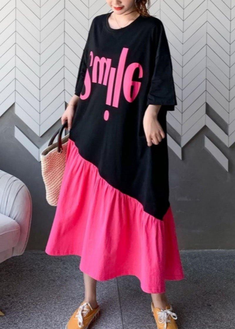 Organic Black Patchwork Rose O-neck Summer Maxi Dress Half Sleeve