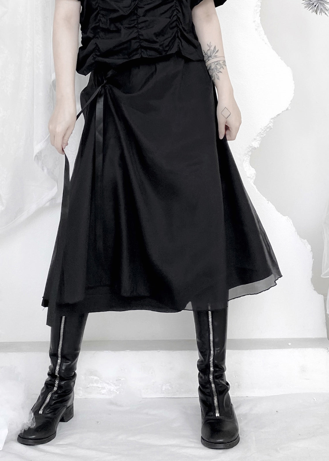 Organic Black Patchwork Wrinkled Tie Waist Tulle a Line Skirts Summer