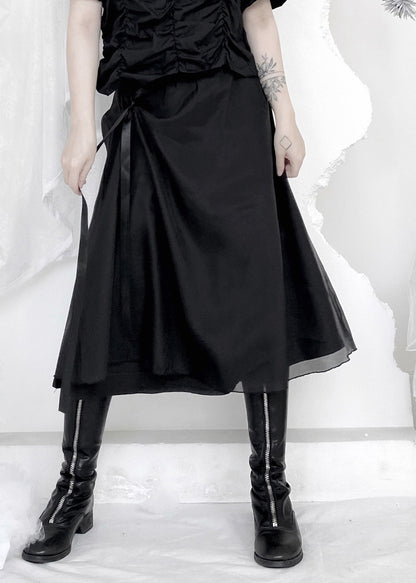 Organic Black Patchwork Wrinkled Tie Waist Tulle a Line Skirts Summer