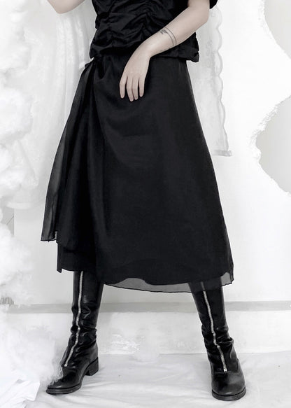 Organic Black Patchwork Wrinkled Tie Waist Tulle a Line Skirts Summer