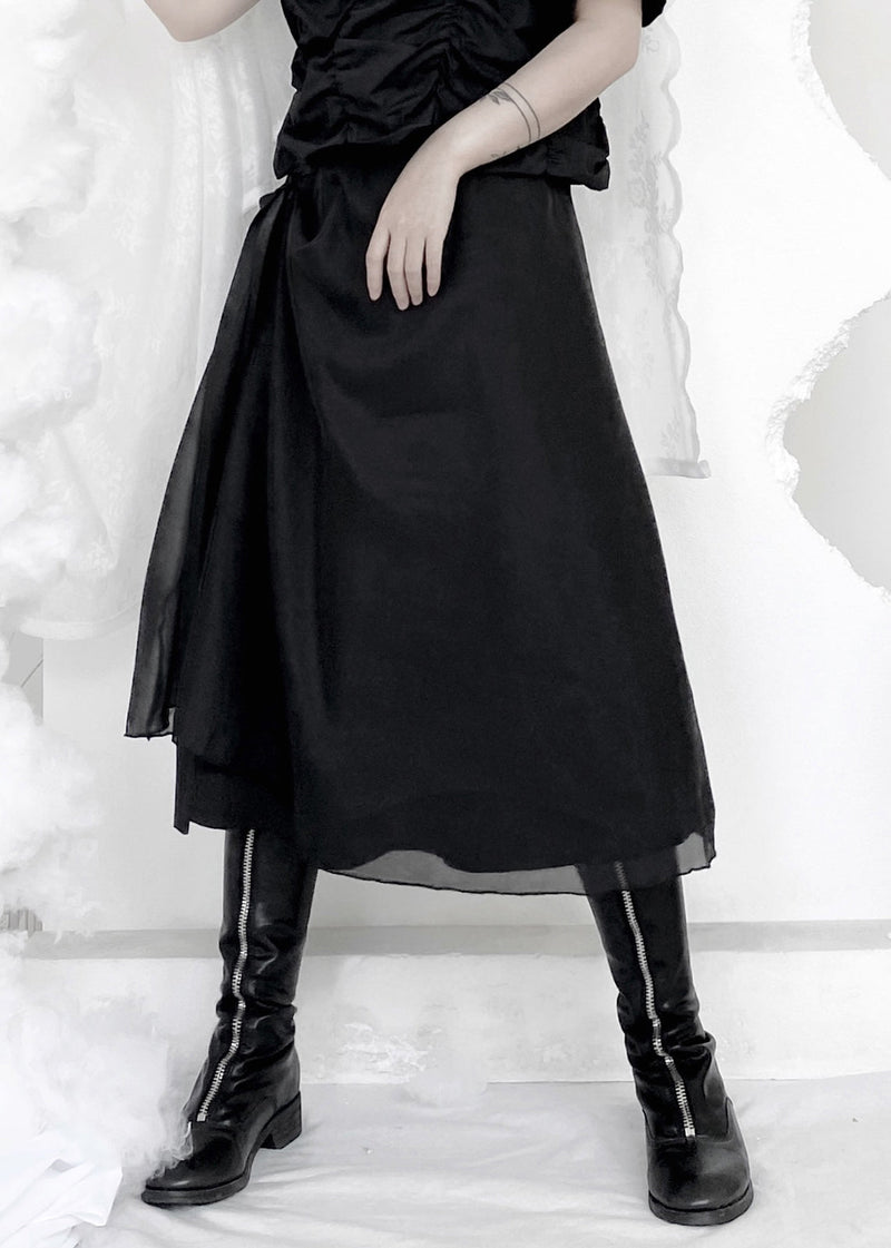 Organic Black Patchwork Wrinkled Tie Waist Tulle a Line Skirts Summer