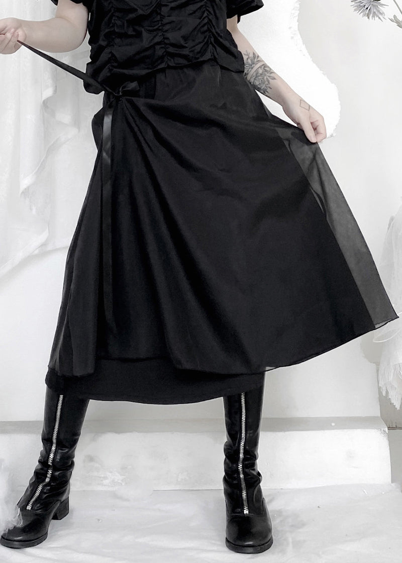 Organic Black Patchwork Wrinkled Tie Waist Tulle a Line Skirts Summer