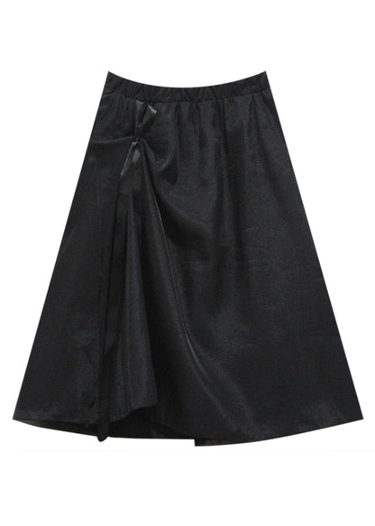 Organic Black Patchwork Wrinkled Tie Waist Tulle a Line Skirts Summer