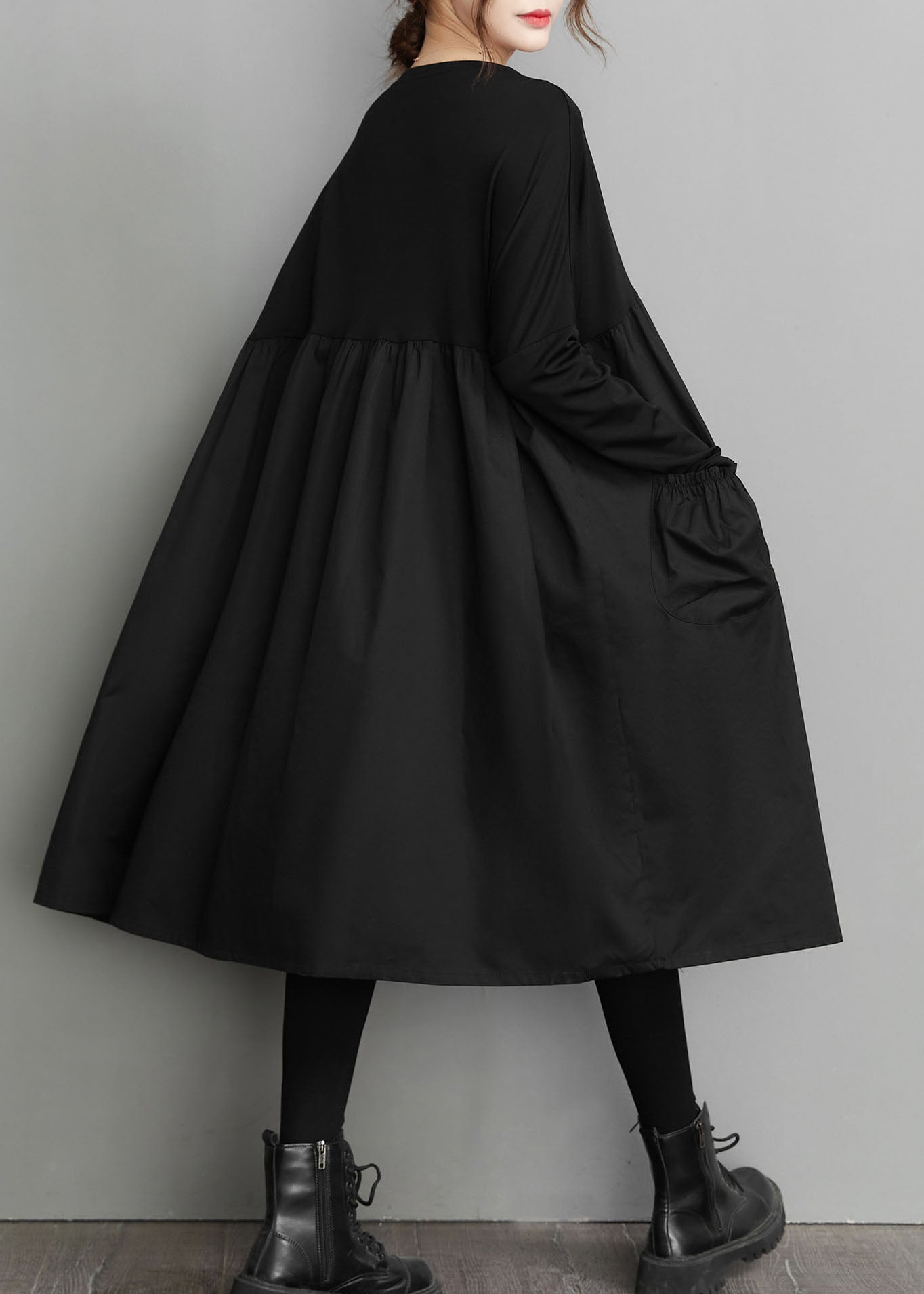 Organic Black Patchwork Wrinkled Pockets Cotton Dresses Spring