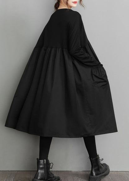 Organic Black Patchwork Wrinkled Pockets Cotton Dresses Spring