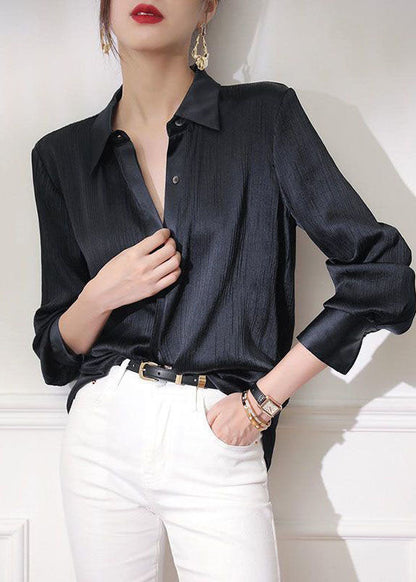 Organic Black Peter Pan Collar Wrinkled Patchwork Silk Shirts Spring