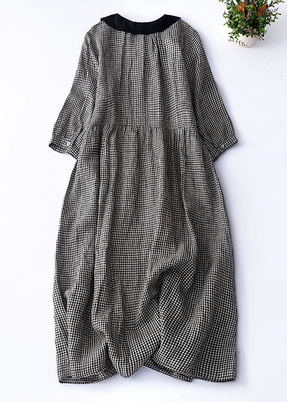 Organic Purple Plaid Peter Pan Collar Patchwork Linen Dresses Summer