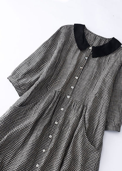 Organic Purple Plaid Peter Pan Collar Patchwork Linen Dresses Summer