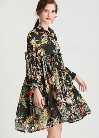Organic Black Print Button Fall Long Sleeve Dresses