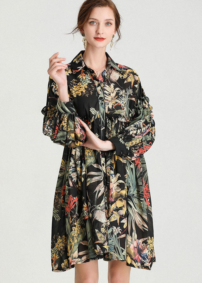 Organic Black Print Button Fall Long Sleeve Dresses