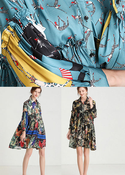Organic Black Print Button Fall Long Sleeve Dresses