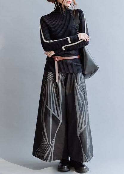 Organic Black Print Cotton Wide Leg Pants Spring