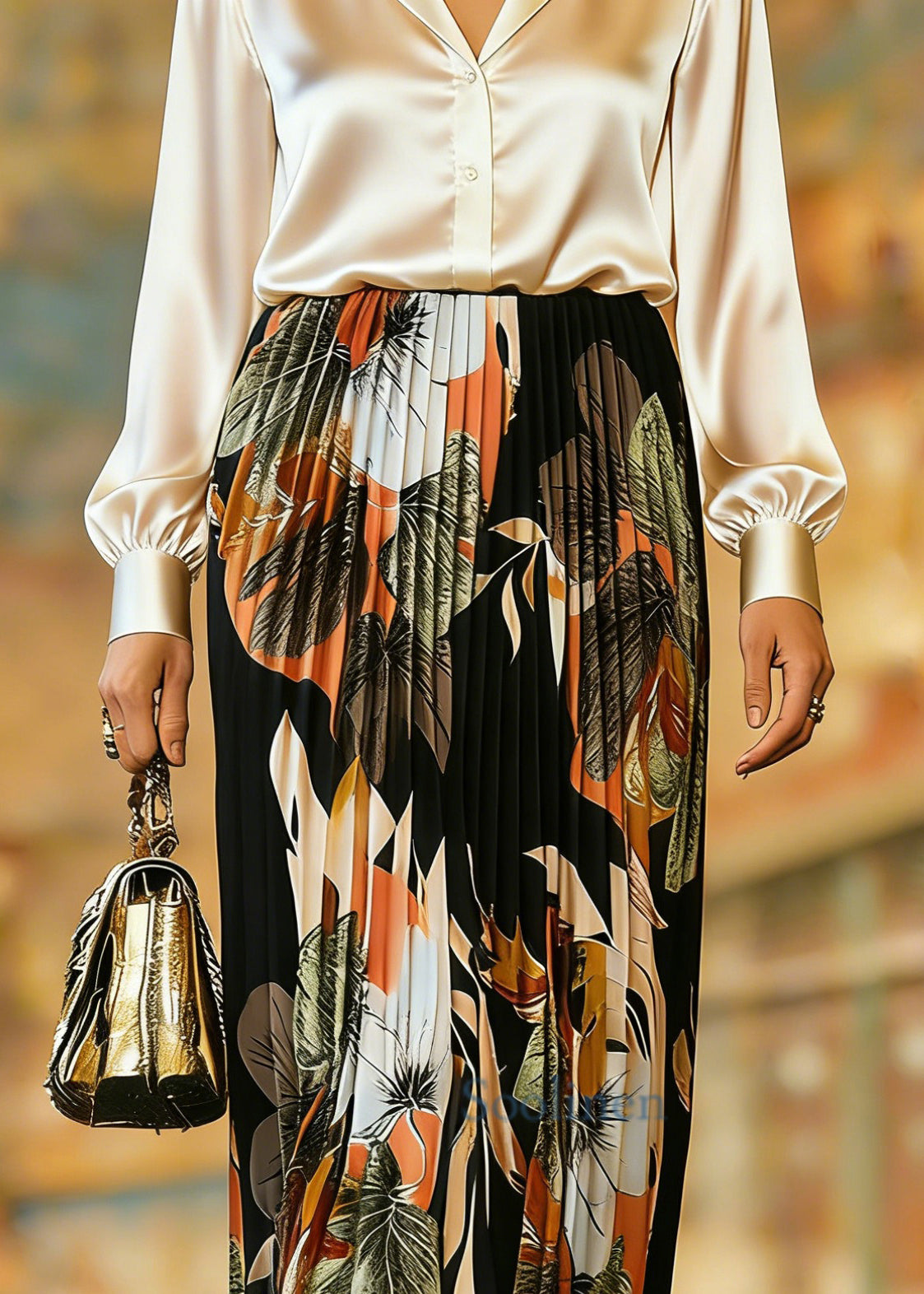 Organic Black Print Elastic Waist Pleate Skirts Spring