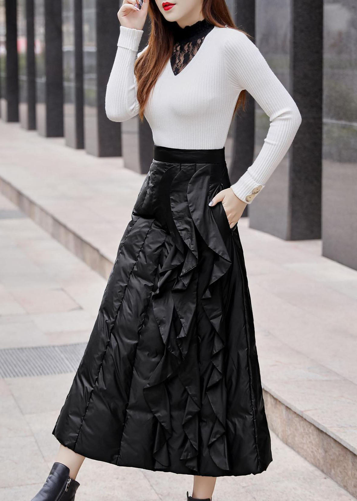 Organic Black Ruffled Thick Fine Cotton Filled Skirts Winter