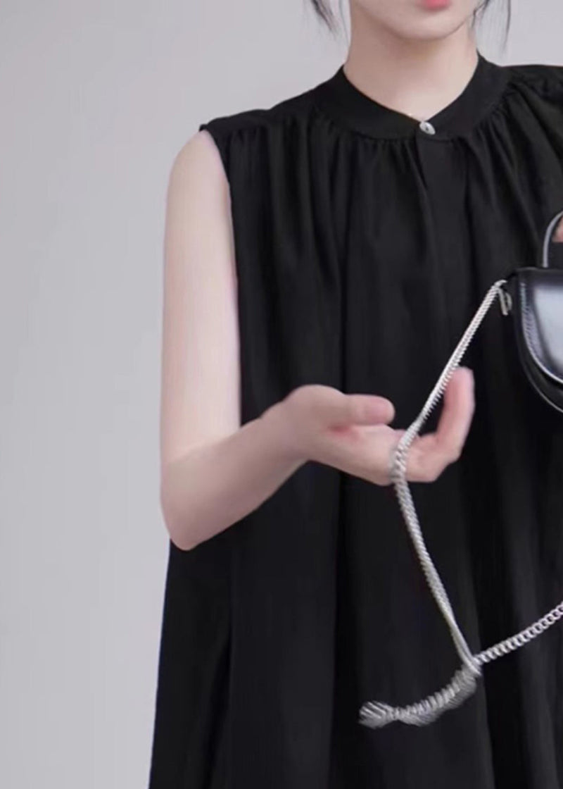 Organic Black Stand Collar Cotton a Line Shirt Sleeveless