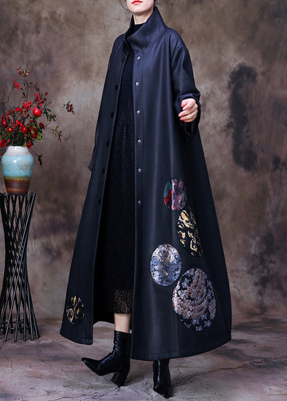 Organic Black Stand Collar Embroideried Button Silk Trench Coats Long Sleeve
