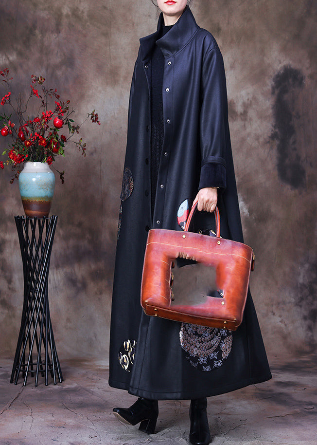 Organic Black Stand Collar Embroideried Button Silk Trench Coats Long Sleeve