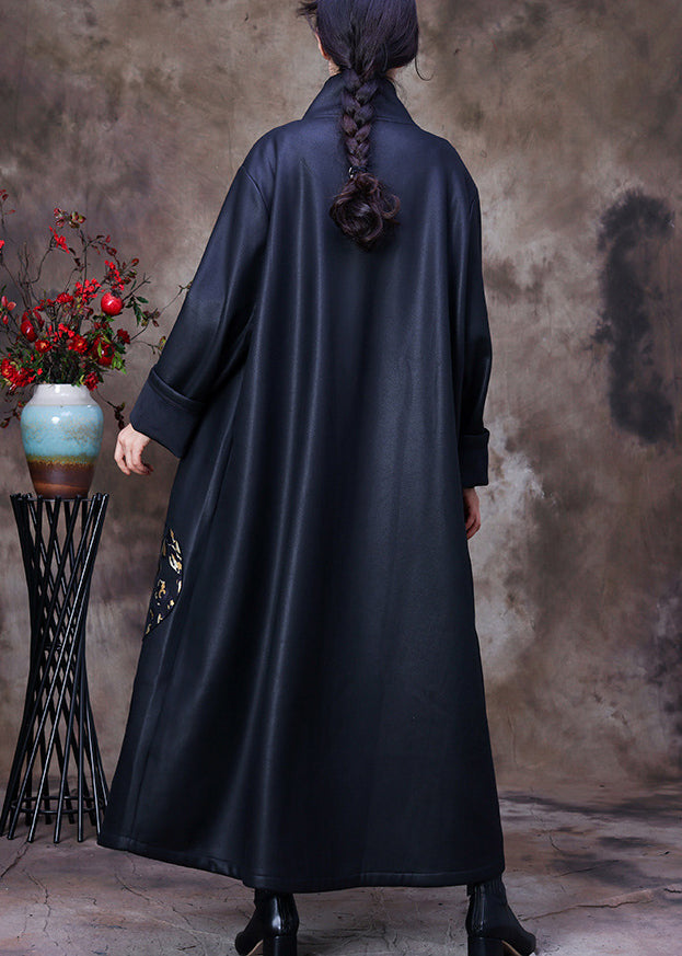 Organic Black Stand Collar Embroideried Button Silk Trench Coats Long Sleeve