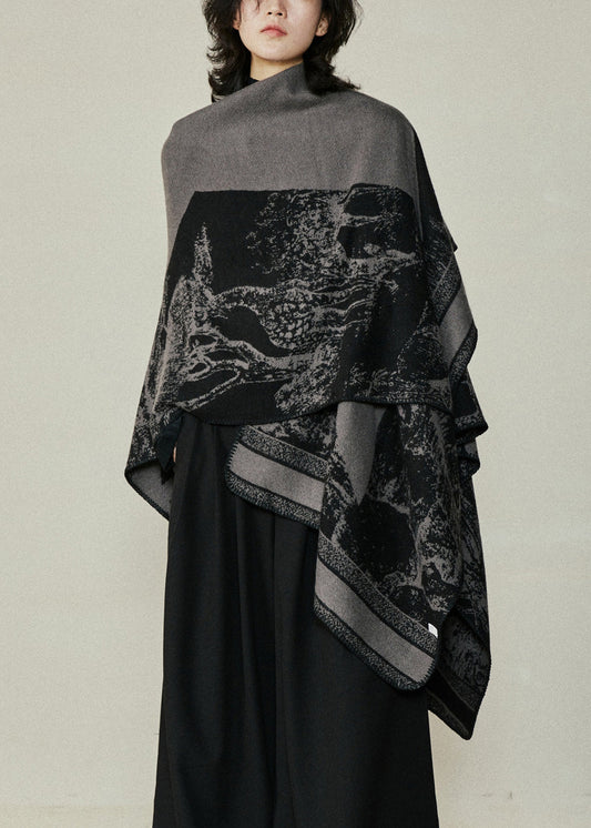Organic Black V Neck Print Cotton Knit Shawl Coats Fal