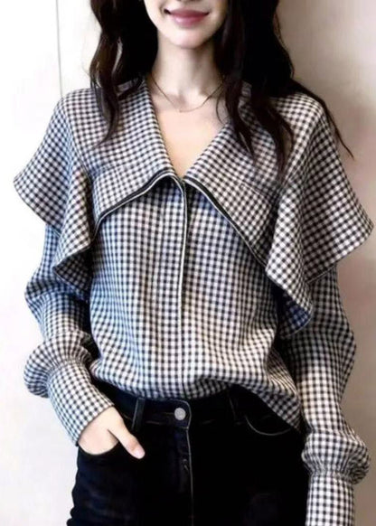 Organic Black White Plaid Peter Pan Collar Shirts Spring