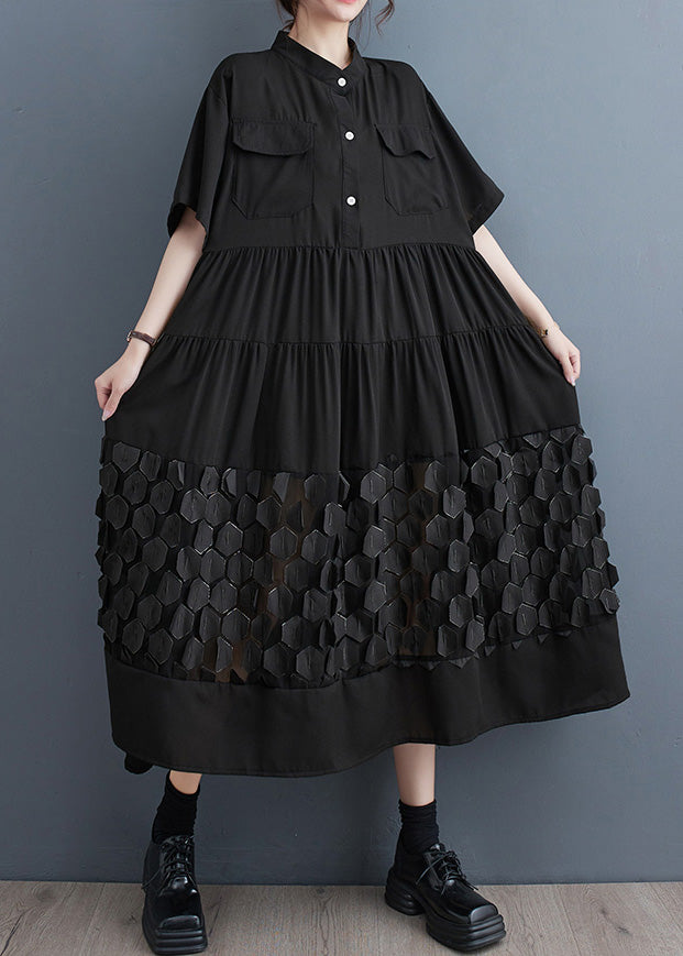 Organic Black Wrinkled Patchwork Vacation Long Dresses Summer