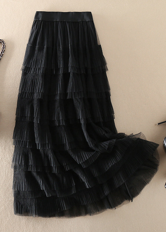Organic Black Elastic Waist Wrinkled Tulle Skirts Spring