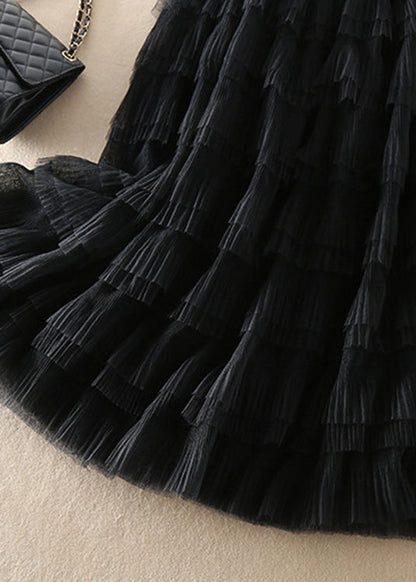 Organic Black Elastic Waist Wrinkled Tulle Skirts Spring