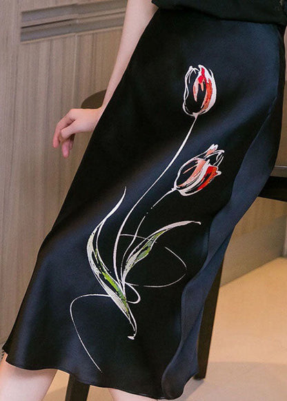 Organic Black Print Zippered a Line Fall Skirt